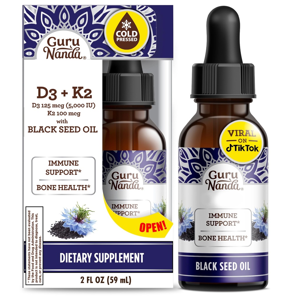GuruNanda Olio di semi neri, Nigella Sativa a freddo - Ricco di vitamina D3 5000 unità, K2 & E, Alto Thymoquinone | Antiossidante potente per il supporto immunitario, Non-GMO, 2 Fl.oz