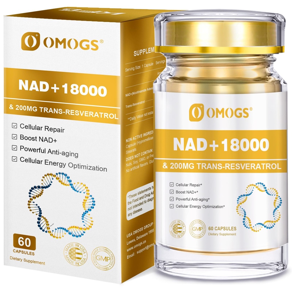 OMOGS NAD+ 300 mg + Trans-Resveratrolo 200 mg, Pure NAD Supplement, Max Absorption, Boosting Supplement per la riparazione del DNA, Aging sano, Energia cellulare e longevità, 60 capsule