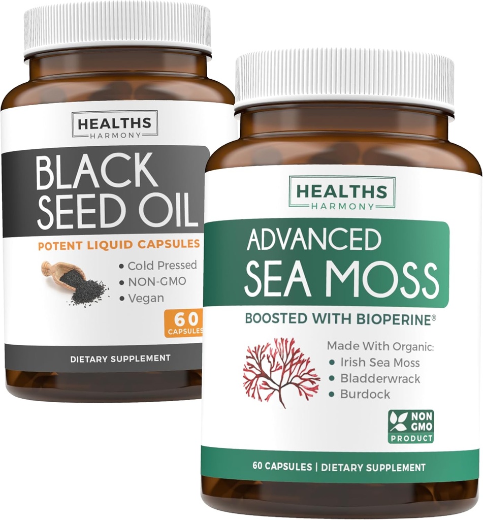 Black Seed Oil & Irish Sea Moss (1-Month Supply) - Benessere Duo Bundle di Black Seed Oil (60 capsule) Pressed Nigella Sativa & Irish Sea Moss (60 capsule) con Bioperine e Bladderwrack