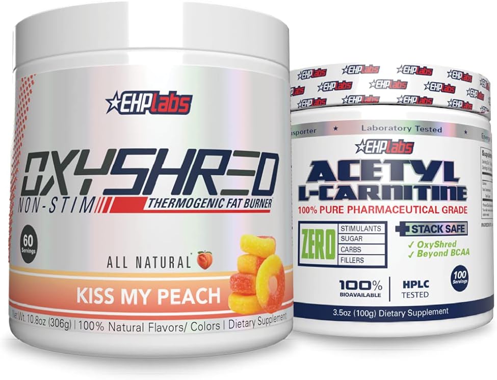 EHP Labs Non-Stim + Acetyl Bundle - OxyShred Thermogenic Pre Workout Powder & Shredding Supplement - Acetyl L-Carnitine - Supporta la produzione di energia naturale, aiuta il metabolismo e la funzione sana del cervello
