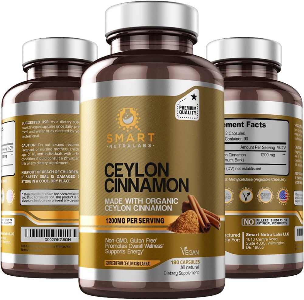 Smart Nutra Labs Organic Ceylon Cinnamon Supplemento 1200mg per Serving, 180 capsule vegane, 100% puro, Vera Cannella di Ceylon