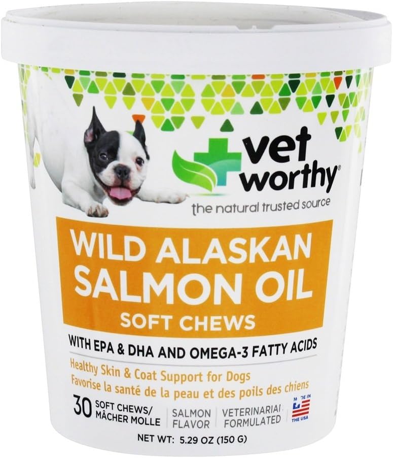 Vet Worthy Salmon olio pelle e cappotto Soft Chews per cani - Supplemento al cane per sostenere la pelle sana e bella cappotto - Fish Oil Supplement con omega 3 acidi grassi - Salmon Flavor - 30 Chews morbidi