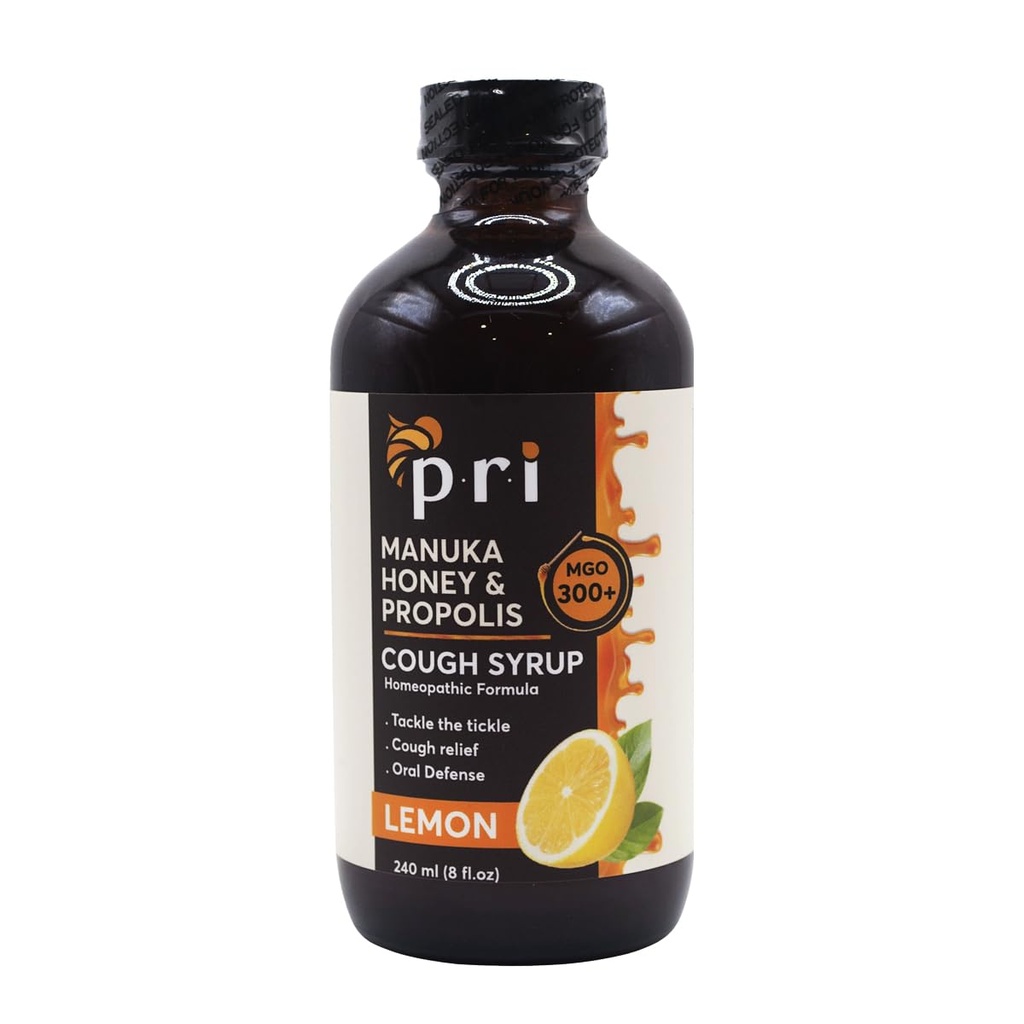 P.R.I Natural Dry Cough Syrup con Manuka Honey, Propolis, Tea Tree Oil and Vitamin C - Sore Throat & Immune Support, Lemon Flavor, 8oz