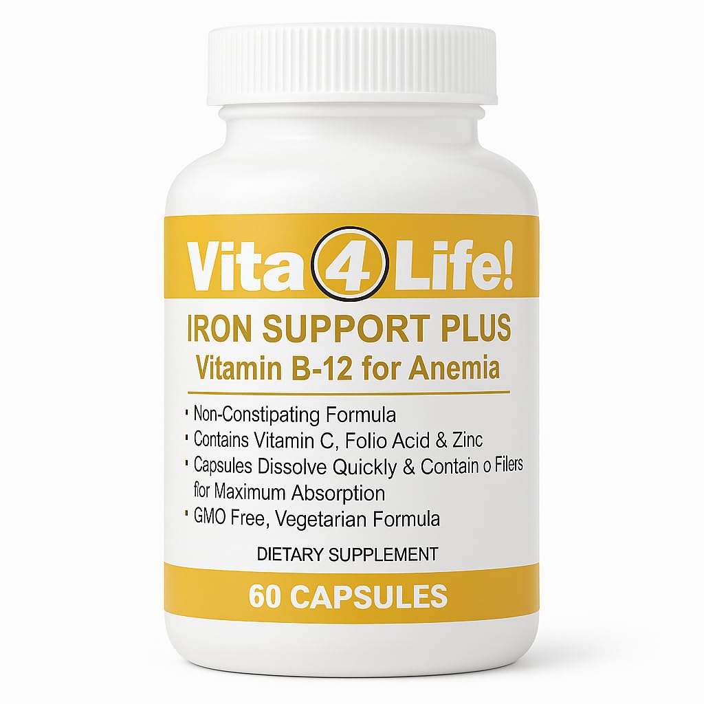 Vita4Life!® Iron Support Plus - Ferro da stiro 40mg con vitamina C, B-12, Acido Folico & Zinc - 60 capsule - Formula non costipante per il supporto e l'energia delle cellule del sangue rosso - Vegetariano & OGM-Free