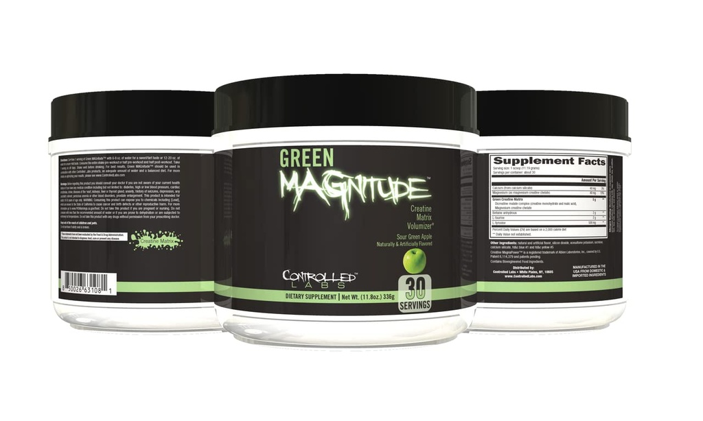 CONTROLLED LABS Green Magnitude Supplement, Synergistic Creatine Formula Powder, Promuove Forza, Stamina e Performance, (Sour Green Apple, 30 Serve)