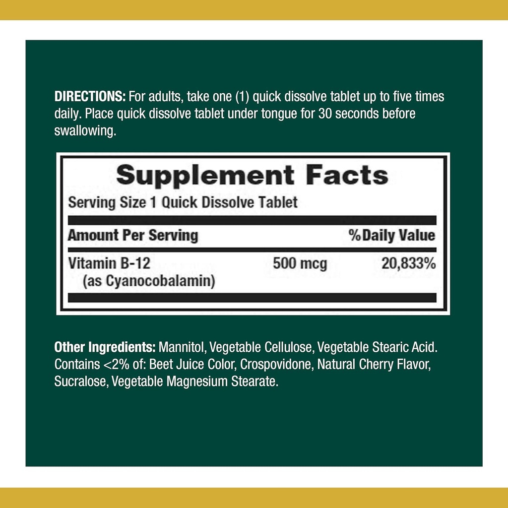 La vitamina B12 di Bounty della natura, supporta il metabolismo energetico e la salute del sistema nervoso, 500mcg, 100 compresse di dissolve rapido (pacchetto di 2)