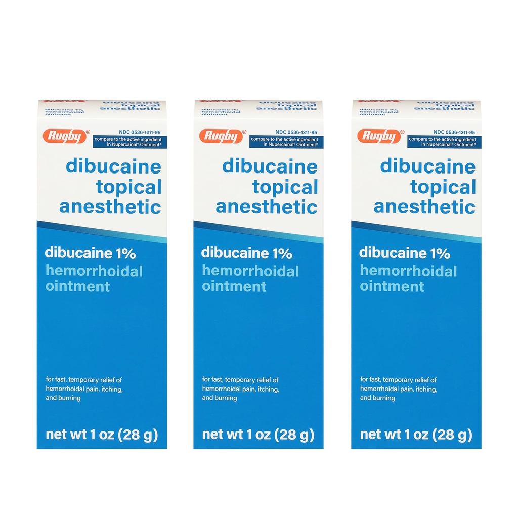 Rugby Dibucaine Topical Anestetico 1% Unguento emorroide - Crema di sollievo del dolore per il prurito e la combustione, Trattamento emorroidi, Anti Itch Cream 1 Oz (3 Confezione)