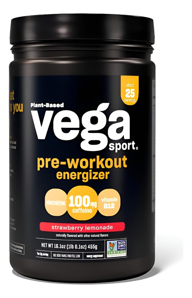 Vega Sport Pre-Workout Energizer, Strawberry Lemonade - Polvere pre allenamento per le donne e gli uomini, Supporta energia e messa a fuoco, Elettroliti, Vegan, Keto, Gluten Free, Non OGM, 1.1 lbs