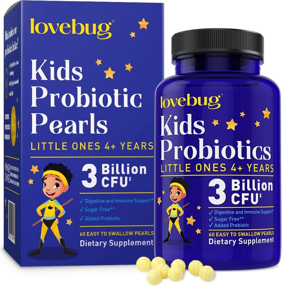 PRObiotici LOVEBUG per bambini - Bambini chewables probiotici con prebiotici per età superiore a 4 anni, vita quotidiana dei bambini, costipazione, supplemento di supporto digestivo e immunitario, senza zucchero, 60 perle morbide
