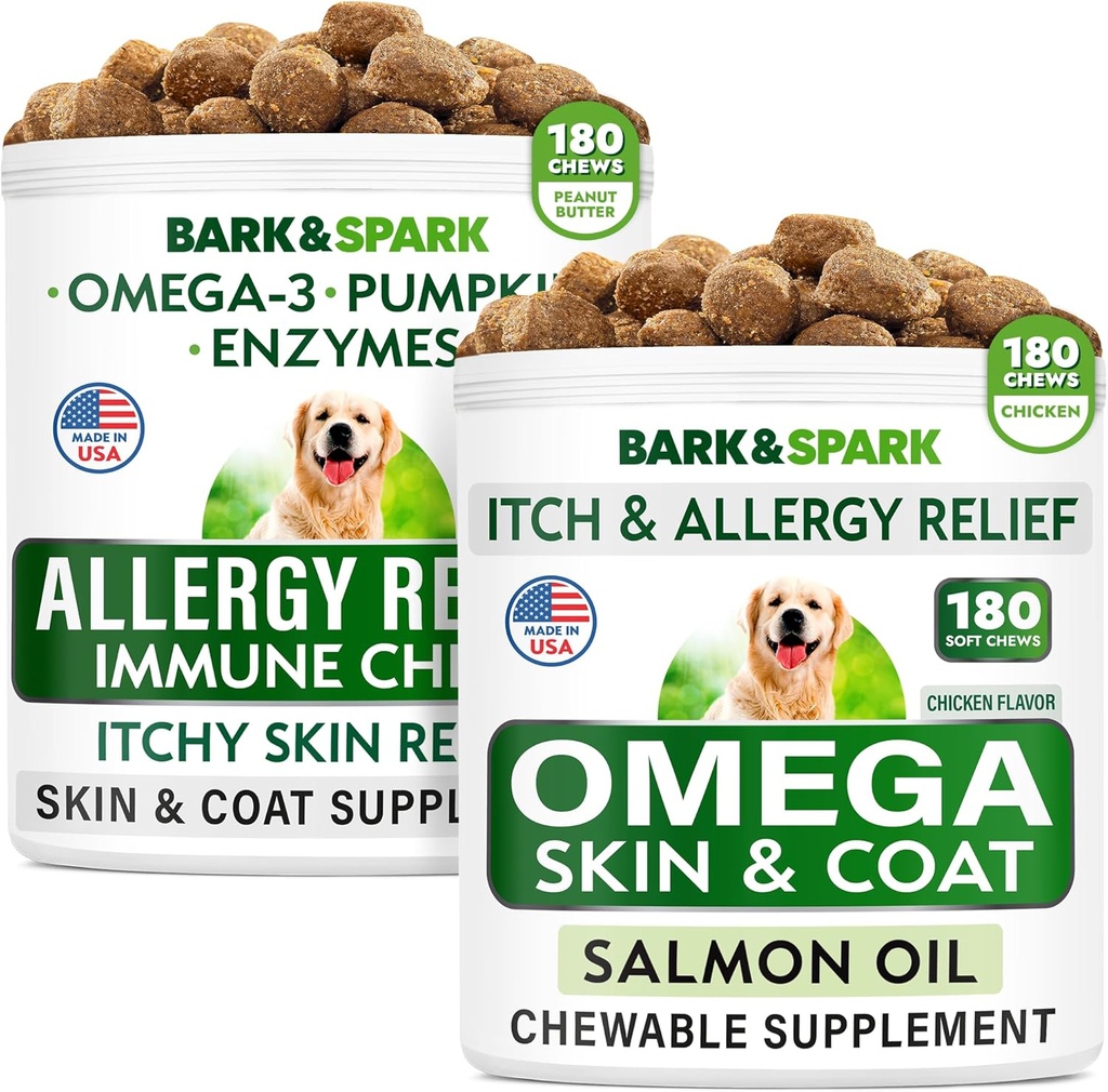 Allergy Relief + Omega 3 per cani Bundle - Anti-Itch Skin & Coat + Allergy della pelle - Omega 3 Fish Oil + EPA & DHA Grassty Acid - Itching & Paw Licking + Joint Health - 360 Chews - Made in USA