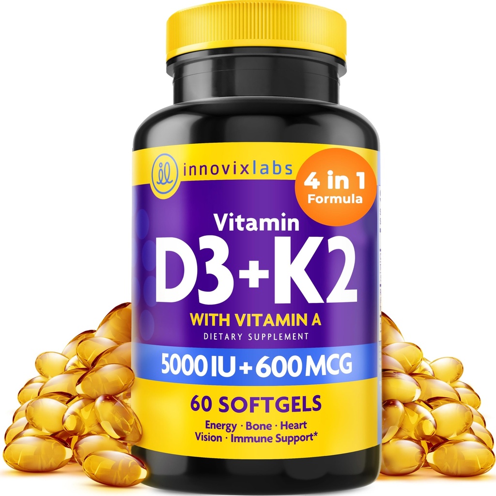 InnovixLabs Vitamina D3 K2-5000 IU Vitamina D3 Plus 600 mcg Vitamina K2 MK4 e MK7 per Max Calcium Absorption, Supporta Bone, Immune, Salute Del Cuore, Terza Parte Testata, Gluten Free, 60 Softgels