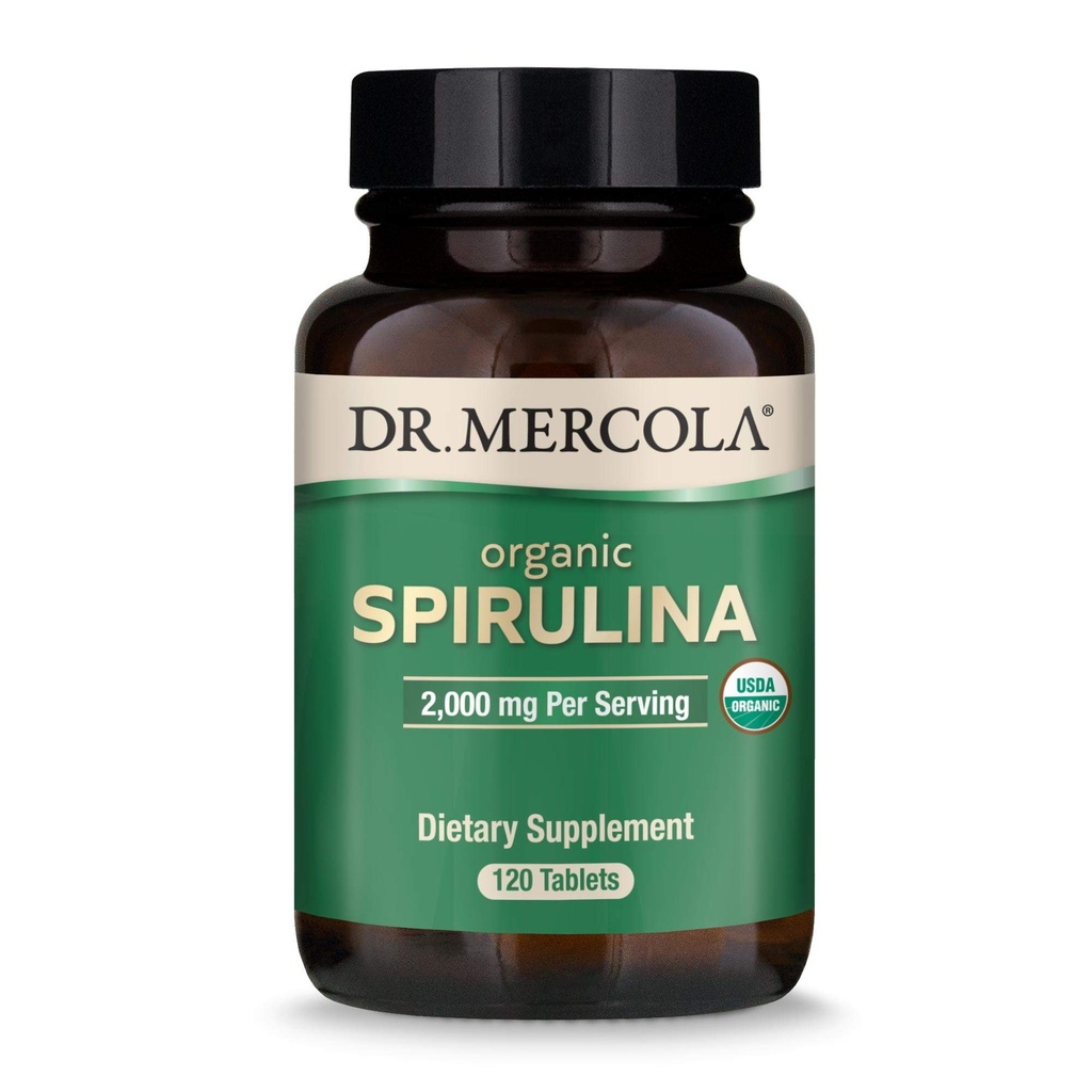 Dr. Mercola Organic Spirulina - 2000 mg - USDA Organic - Supporta la disintossicazione normale e la salute immunitaria - Superfood alimentare intero - Non OGM, Gluten-Free & Soy-Free - 120 compresse