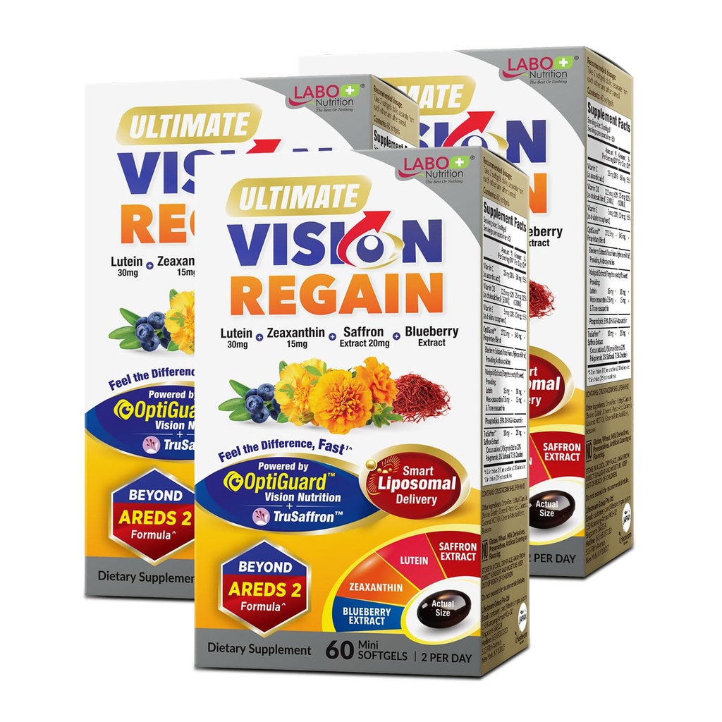 LABO Nutrition Ultimate VisionREGAIN, Eye Vitamin Beyond AREDS 2 Formula con Lutein, Zeaxanthin, Saffron Extract, Blueberry for Macular & Retinal Health, Eye Fatigue, Night Vision Support 60 Countsx3