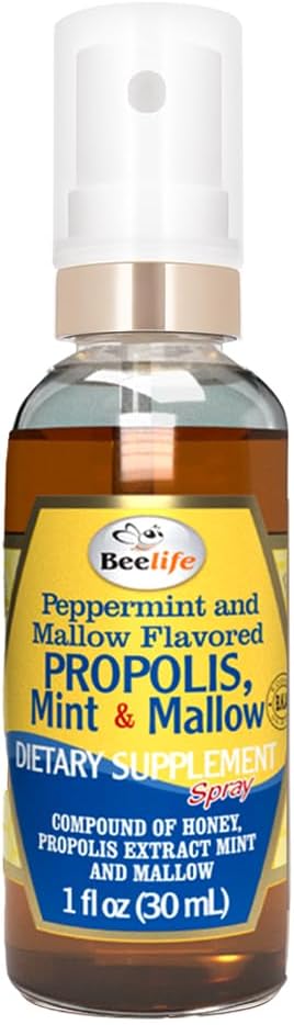 Beelife Propolis Throat Spray – Miele rilassante, Mint & Malva - Supporto Immune naturale & Sorriso Rilievo della gola, Antiossidanti, Ricco in Flavonoidi & Artepillin C, Senza zucchero, Senza glutine - 1-Pack, 30ml