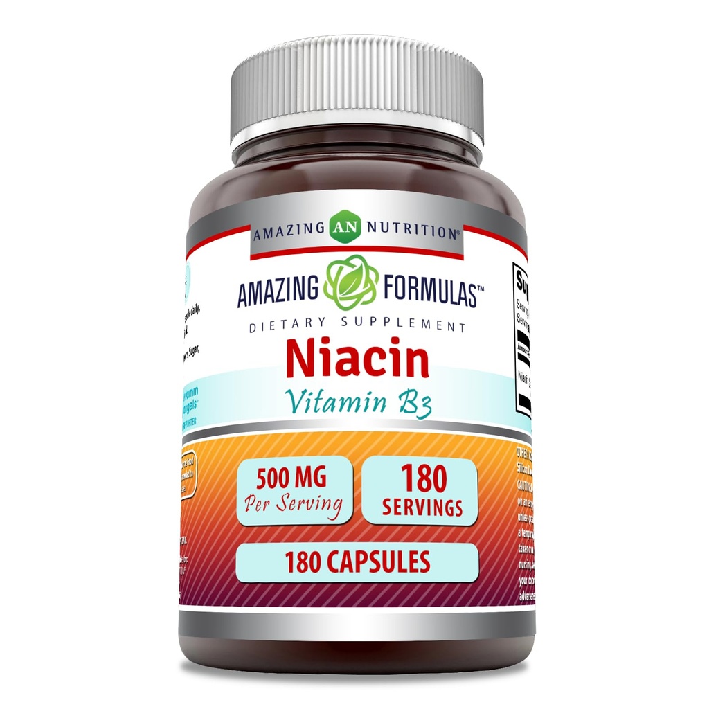 Incredibile Formulas Niacin Supplemento | 500 Mg Per Serving | 180 capsule | Non-GMO | Gluten-Free | Made in USA