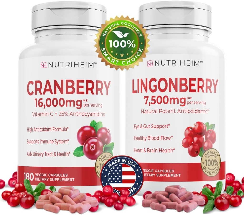 Tutto in Un PAC Bundle - Capsule di Mirtillo e Lingonberry - Vitamina C e 25% Proanthocyanidins per Tratto urinario, Salute Gut, Supporto Antiossidante - Non OGM, Senza Glutine, Integratore Vegano