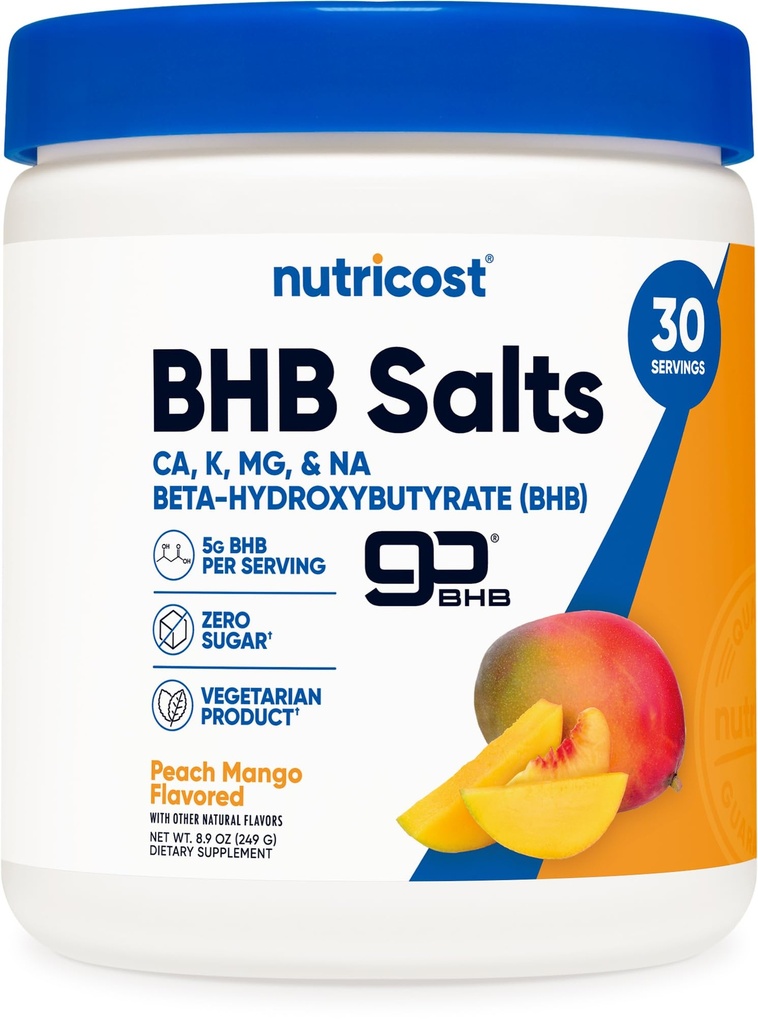 Nutricost BHB Salts Drink Mix (30 Serve, Peach Mango Aromaed) (5G BHB Per Serve) - 0G Zuccheri Totali, Prodotto Vegetariano