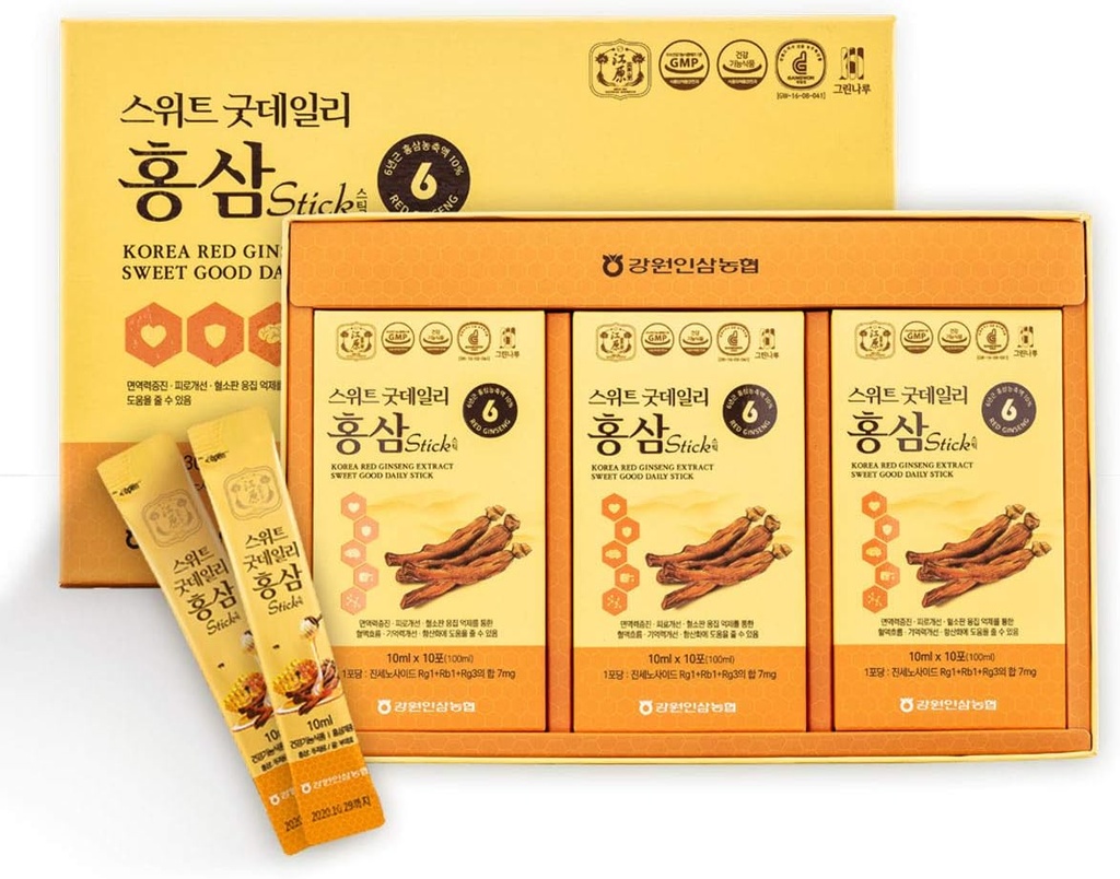 [Gangwoninsam] Estratto di Ginseng rosso coreano dolce buon bastone giornaliero 30 conte – Contiene 6 anni coreano di Ginseng estratto, coreano di cibo, individualmente confezionato, 0.35 fl. oz (10ml), 3 X 10-Count Box