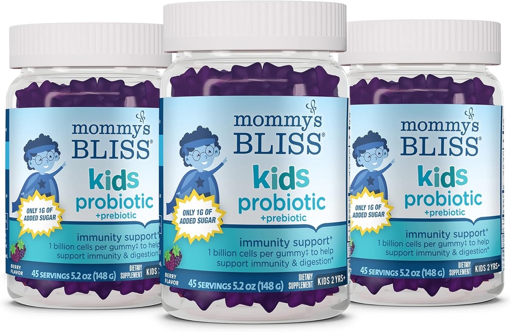 Bliss Kids Probiotic + Prebiotic Gummies, Supporta l'immunità e la digestione per i bambini 2 anni+, Meno zucchero, Yummy Berry Flavor, 45 conte (Pack of 3)