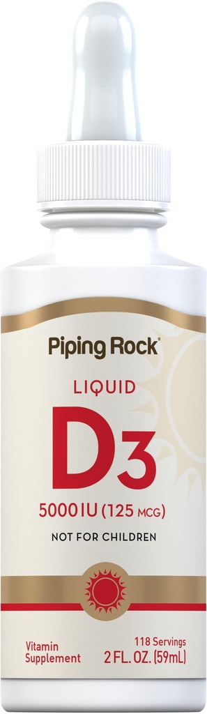 Piping Rock Vitamina D3 Liquid 5000 IU (125 mcg) | 2 oz | Gocce di vitamina D per adulti | Vegetariano, Non OGM, Integratore senza glutine