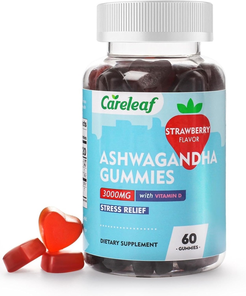 Vegan Ashwagandha Gummies-3000mg Estratto di radice di Ashwagandha con vitamina D2 | Sapore di fragole | 60 Ct/Bottle