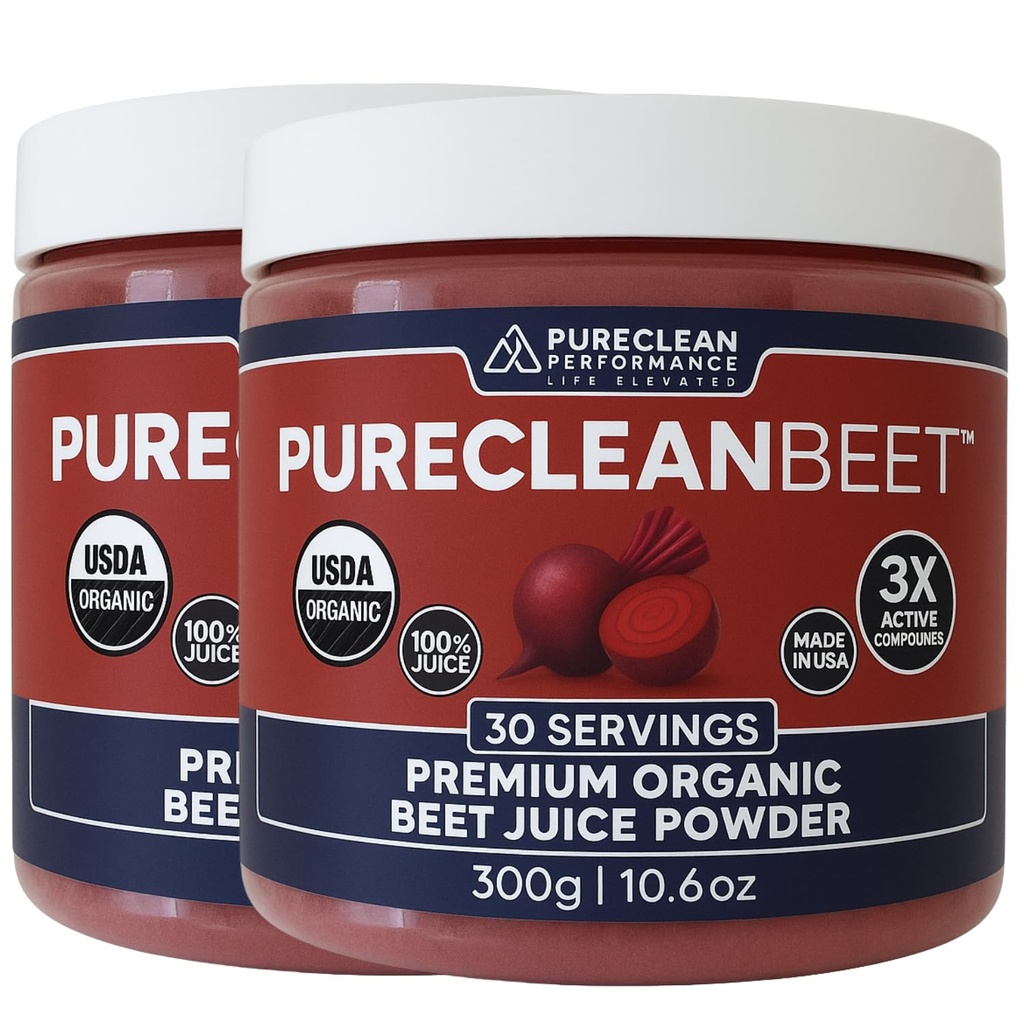 Polvere di succo di barbabietola organica PureClean - Supplemento di ossigeno nitrico - Barbabietole coltivate 100% USA - Polvere di radice di barbabietola organica 30 Servings, 300g (2 Jars 60 Servings)