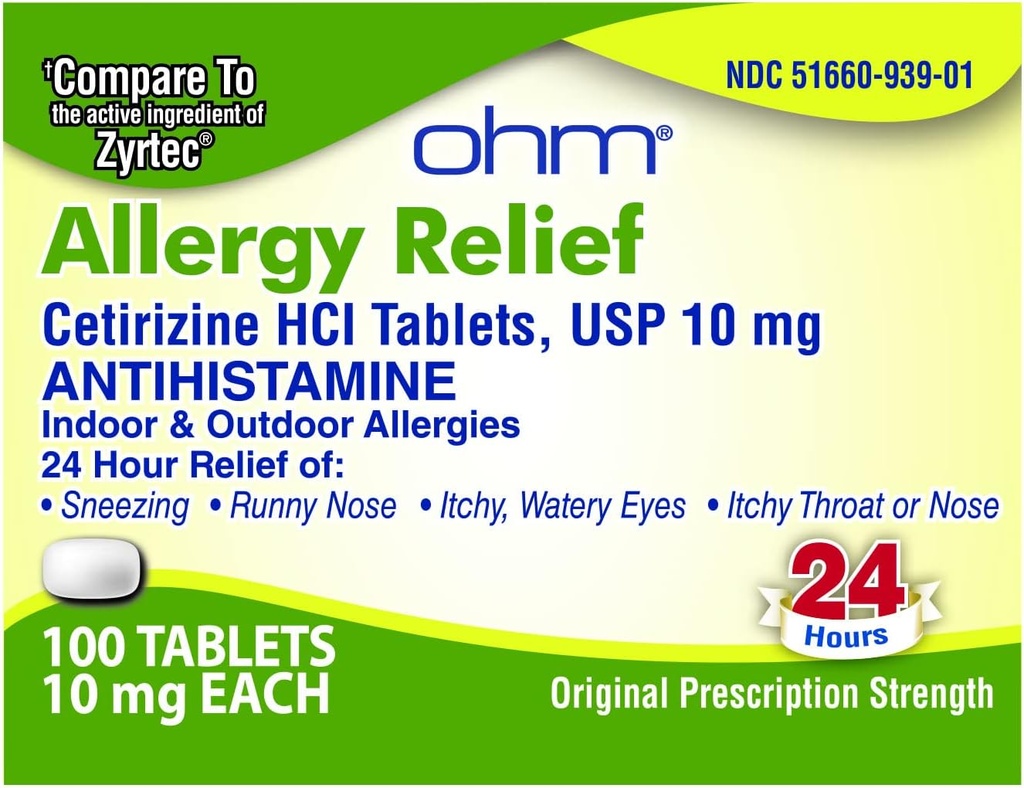 Ohm Cetirizine 10 mg Tablet - All Day Allergy Relief - 100 Count - Anti-Histamine per Febbre di fieno, Polline, Occhi di prurito secco - Rilievo efficace da Allergie diurno