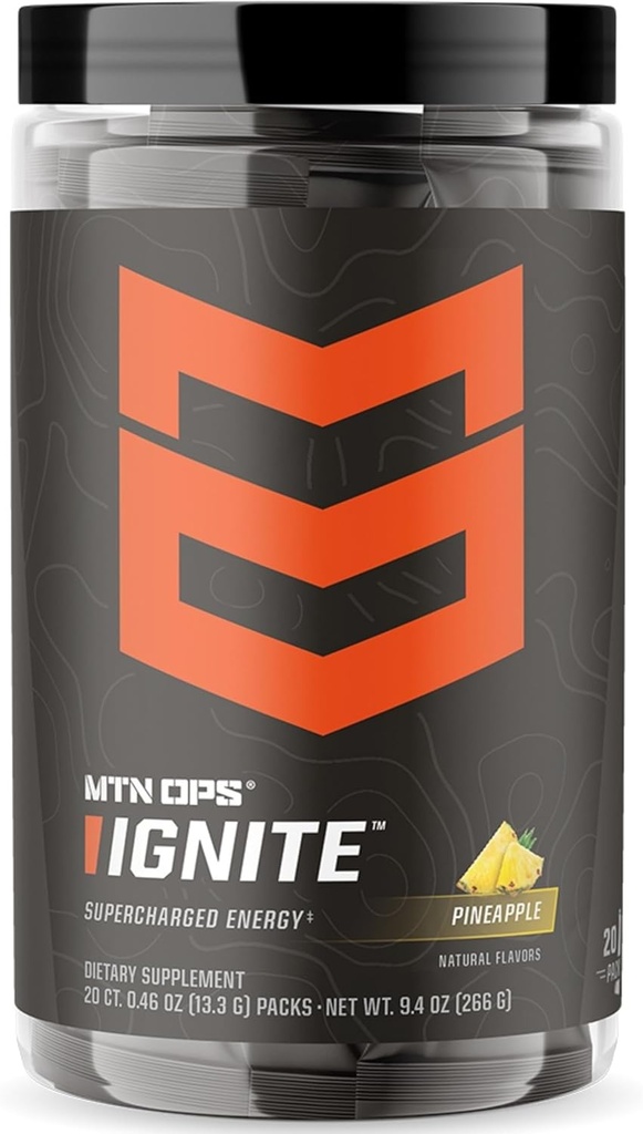 MTN OPS Ignite Trail Packs Energy Drink Powder, Gluten Free Nootropic Supplement Drink Mix, L Arginina, L Citrulline, Caffeina & Nootropic Sugar Free Drink Mix, 20 Servings, Ananas Crush