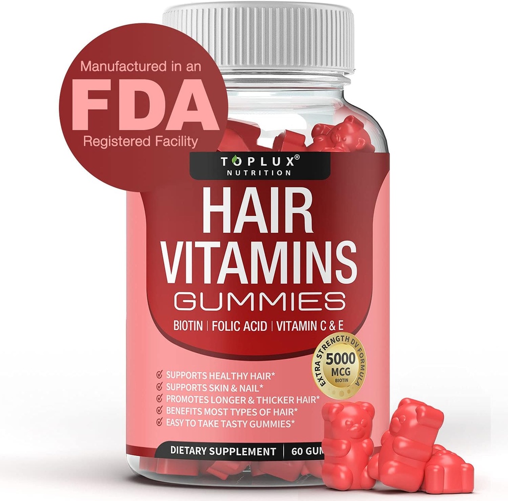 Vitamine per capelli Supplemento per le donne & uomini – Vitamine per la crescita dei capelli 5000mcg Biotina Gummies, Acido Folico, Vitamina C & E, Support Stronger & Thicker Hair, Pelle, Unghie, Non OGM Vegam per, 60 Conte