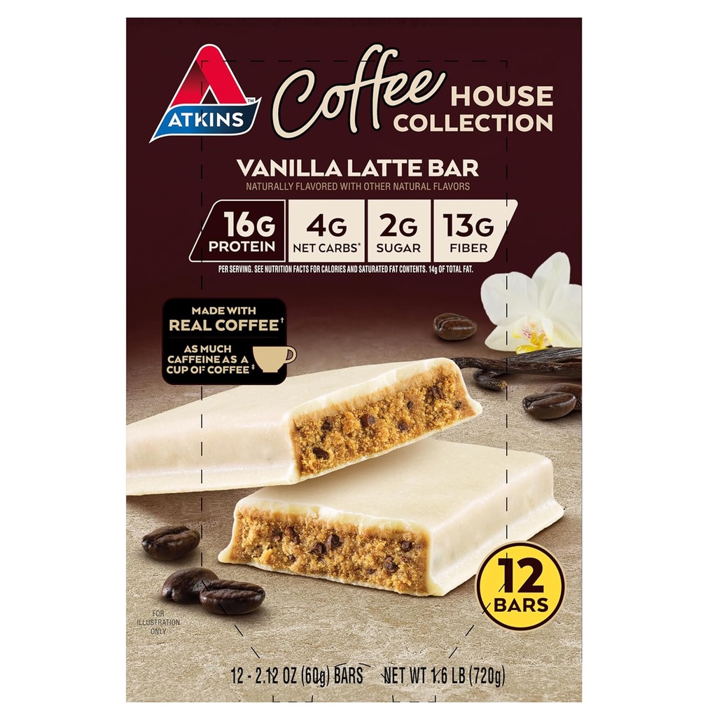 Atkins Coffee House Collezione Vanilla Latte Bar, 16g Protein, 2g Zucchero, 4g Carbs Net, 13g Fiber, 12 Conte
