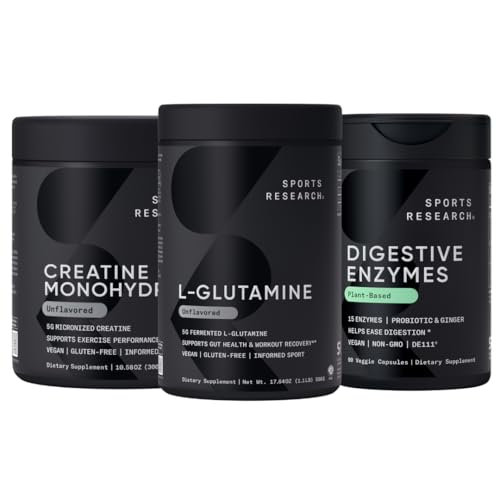 Ricerca sportiva L-Glutamina (100 Serve), Creatina Monoidrato (60 Serve) e Enzimi Digestivi con Probiotici & Ginger (90 Serve) - Tutto non OGM verificato, Vegan & Gluten Free