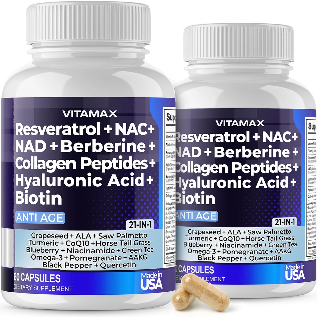 Vitamax Resveratrolo NAD+ Acido Ialuronico Berberino - Uva Biotina & Mirtillo + NAC - Peptidi di collagene - Capelli, Unghie, Pelle & Integratore Congiunto - 21-in-1 Donne e Uomini - Made in Italy - 120 Count