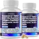 Vitamax Resveratrolo NAD+ Acido Ialuronico Berberino - Uva Biotina & Mirtillo + NAC - Peptidi di collagene - Capelli, Unghie, Pelle & Integratore Congiunto - 21-in-1 Donne e Uomini - Made in Italy - 120 Count