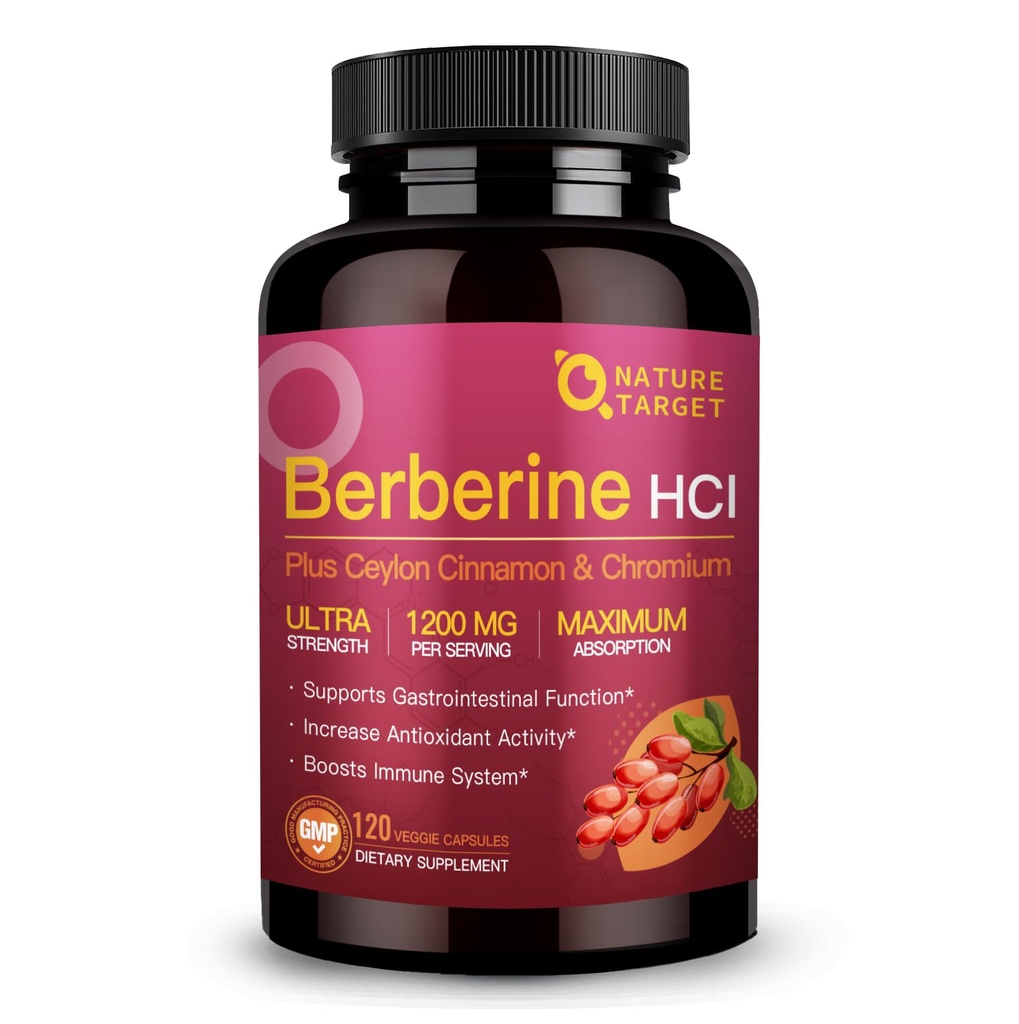 NATURA TARGET Berberina HCl 1200mg, Integratore di Berberina con Ceylon Cinnamon, Cromo - Supporta Immune, Gastrointestinale & Heart Health, Non-GMO, 120 Capsule