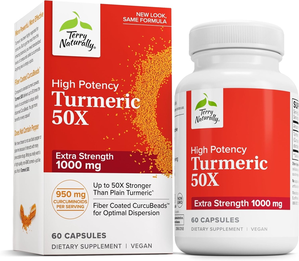 Terry Naturally Turmeric 50X - Supplemento dietetico per il cervello e il supporto di salute del cuore - Turmerico di resistenza extra per aiutare la salute immunitaria - Supplemento non OGM - 60 capsule