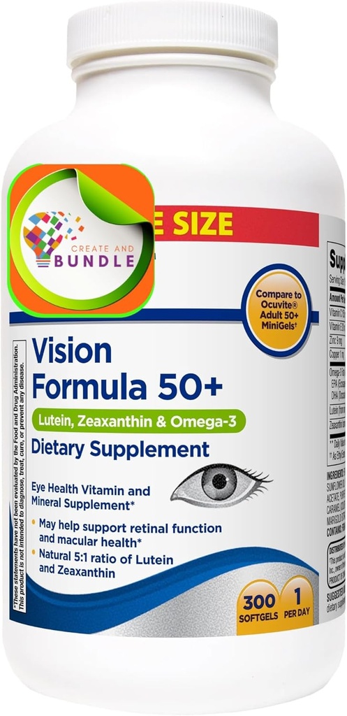 Equate Vision Formula 50+ Lutein, Zeaxanthin & Omega-3, 300 Softgels + Crea Sticker