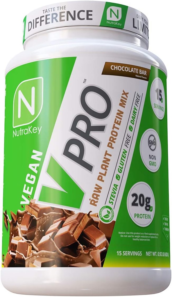 NutraKey V-Pro, Polvere cruda di proteine vegetali, Organico, Vegan, Carbo basso, Gluten Free con 20g di proteine (Chocolate) 2-Pound