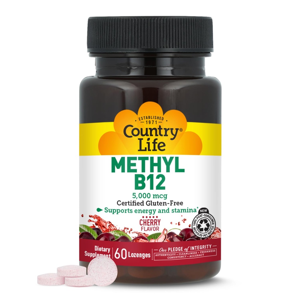 Country Life Methyl B12, Supports Energy & Stamina, 5000mcg, 60 Lozenges, Certified Gluten Free, Certificato Vegan, Certificato Non OGM