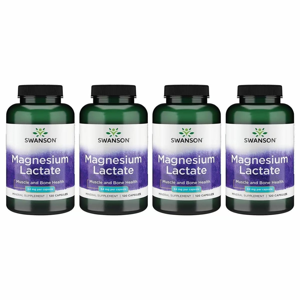 Lattato di magnesio di Swanson - Supplemento minerale Promuovere il muscolo e il sostegno della salute di Bone - Lattosio-Free Lattato forma minerale per l'assorbimento di Gentle - (120 capsule, 84 mg ogni) 4 confezione
