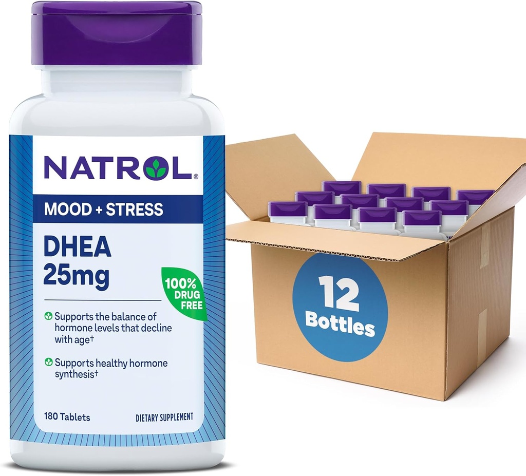 Natrol Mood & Stress DHEA 25mg con calcio, supplemento dietetico per l'equilibrio di determinati livelli di ormone e supporto del mood, 180 compresse, 180 giorni di alimentazione (pacchetto di 12)