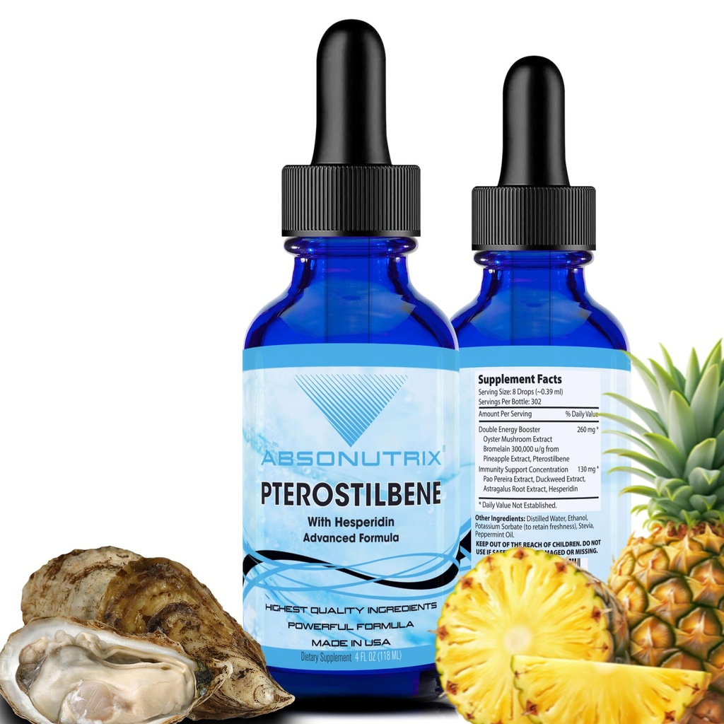 Absonutrix Pterostilbene con Hesperidin 390 mg, 4 Oz Liquid, 300 Serve, Made in USA, Assorbimento rapido, Qualità Potente Ingredienti, Non OGM, GMP Certified Facility, Cruelty-Free Products