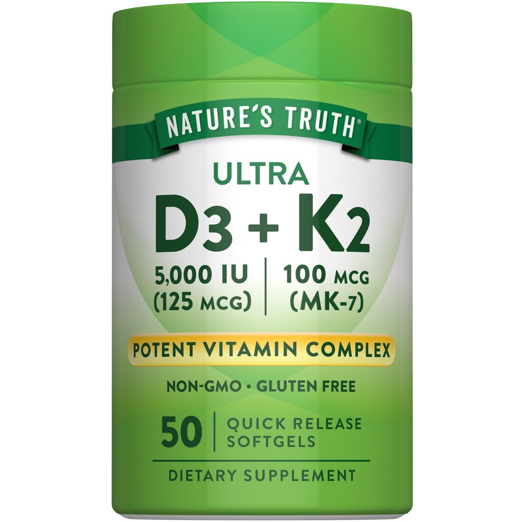 Vitamina K2 MK7 Complex | 100 mcg | 50 Softgels | con D3 | Non OGM & Gluten Integratore Libero