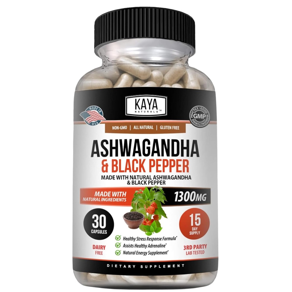 Kaya Naturals Ashwagandha Root with Black Pepper | Massima resistenza 1300mg Adaptogen Supplemento, Supporto Adrenale, Salute Glandare, Mood Relief, Focus, Energy & Vitality for Men & Women