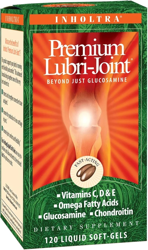 Inholtra Premium Lubri-Joint - 120 Liquid Soft-Gels - con Glucosamina, Condroitina, Omega Fatty Acids + Vitamine C, D & E - 40 Serve