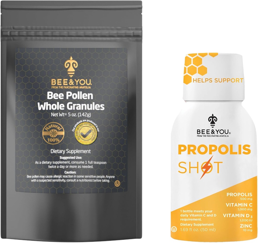 Bee and You Propolis Shot 12 Bottiglie e Bee Polline Bundle, Supplemento naturale, Propoli di api, Antiossidanti, Proteine, Vitamine, Aminoacidi, per adulti, Donne, Me