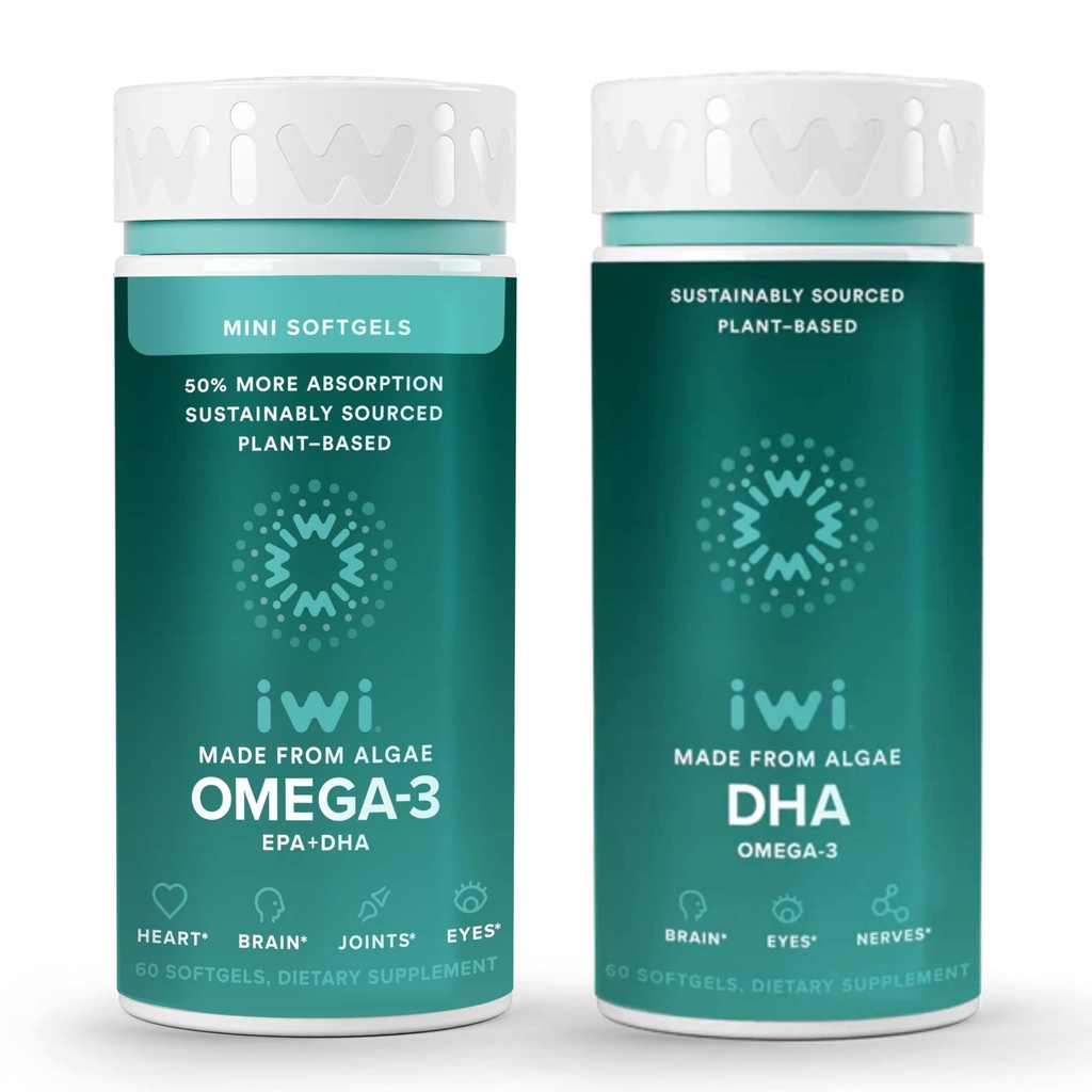 Iwi Omega-3 Minis & DHA Omega-3 Bundle, 30 Serve, Vegan Algae Omega 3, Krill & Fish Oil Alternative, No Fishy Aftertaste