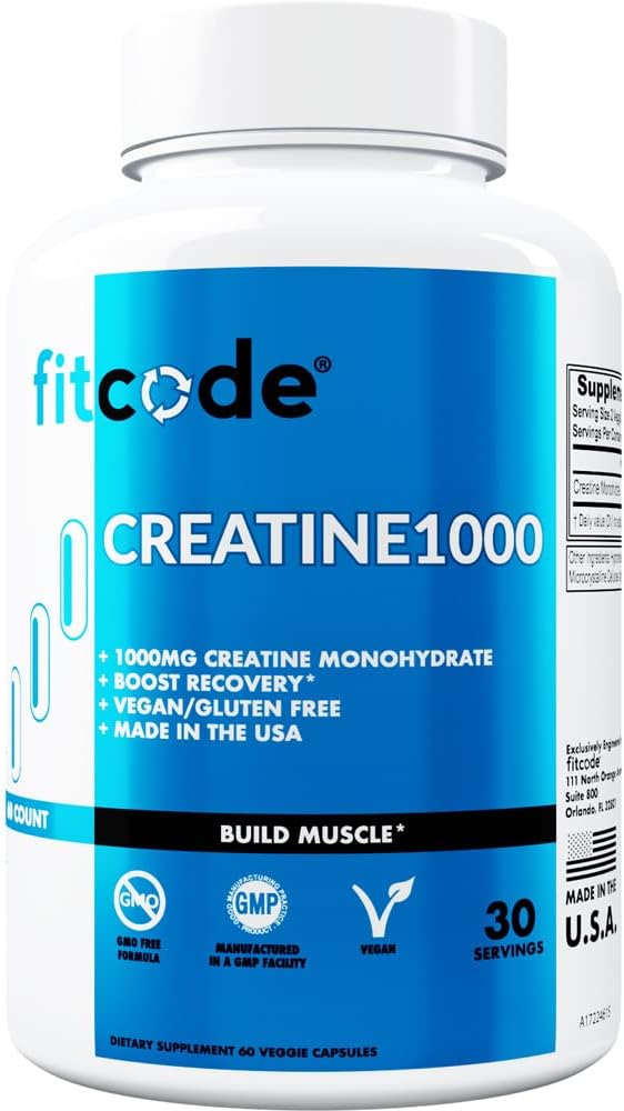 fitcode Creatine1000, 1 grammo di pura creatina monoidrato in ogni servizio, capsule vegetali (30 porzioni)
