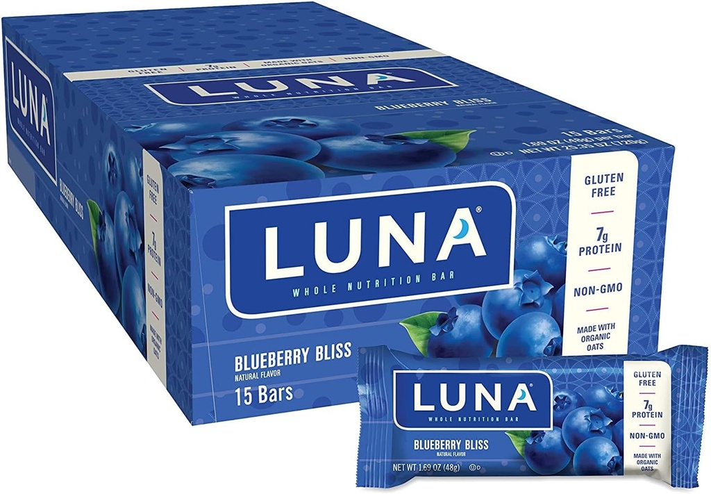 LUNA BAR - Gluten Free Snack Bars - Blueberry Bliss Flavor - 7g di proteine - Non-OGM - Spuntino Wholesome Plant-Based - Su Go Snacks (1.69 Ounce Snack Bar, 15 Conte)