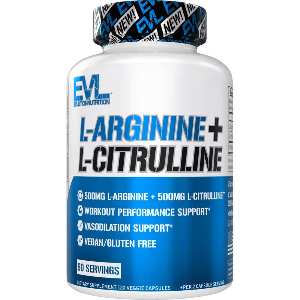 Evlution Nutrition L-Arginina + L-Citrulline - Endurance + Workout Performance Supplement - 1000mg Complex - Vasodilation + Nitric Oxide Support - Vegan + Gluten Free Capsules - 60 Serve