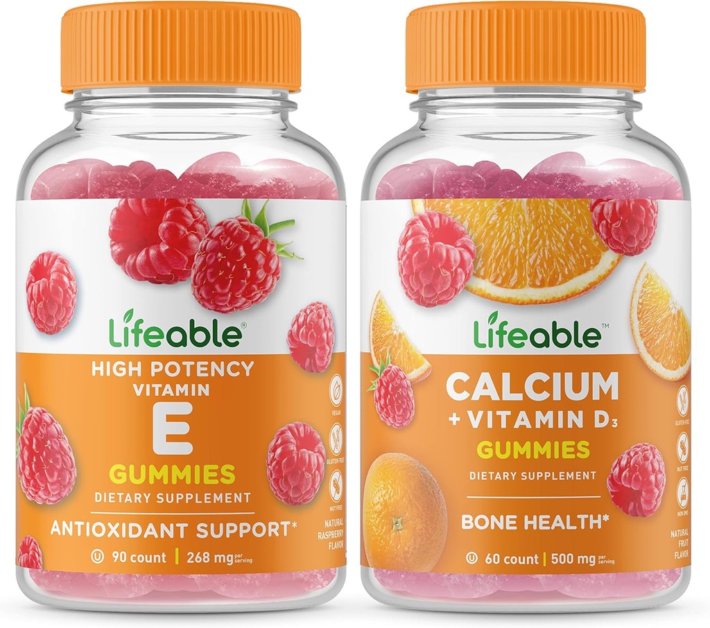 Vitamina E + Calcio Lifeable con Vitamina D, Gummies Bundle - Grande Degustazione, Integratore di Vitamina, Senza Glutine, OGM Libero, Gomma Chewable